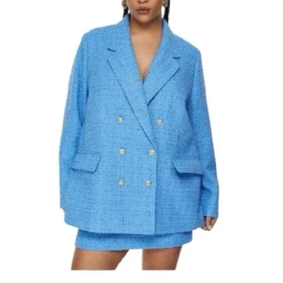NWT H&M Light Blue Tweed Double-Breasted Oversized Blazer Gold Buttons Size XS - Picture 6 of 11